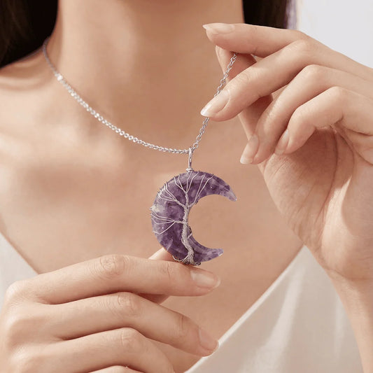 Amethyst Crescent Moon Necklace: Tree of Life Wire Wrapped Pendant