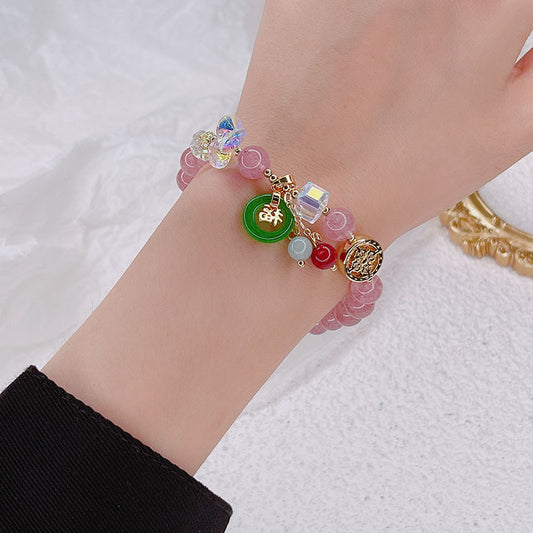 Strawberry Quartz & Jade "Fu" Charm Bracelet: Luck & Blessings