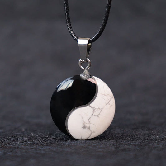 Natural Obsidian & White Turquoise Yin Yang Pendant Necklace: Harmony & Peace