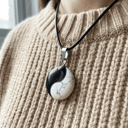 Natural Obsidian & White Turquoise Yin Yang Pendant Necklace: Harmony & Peace