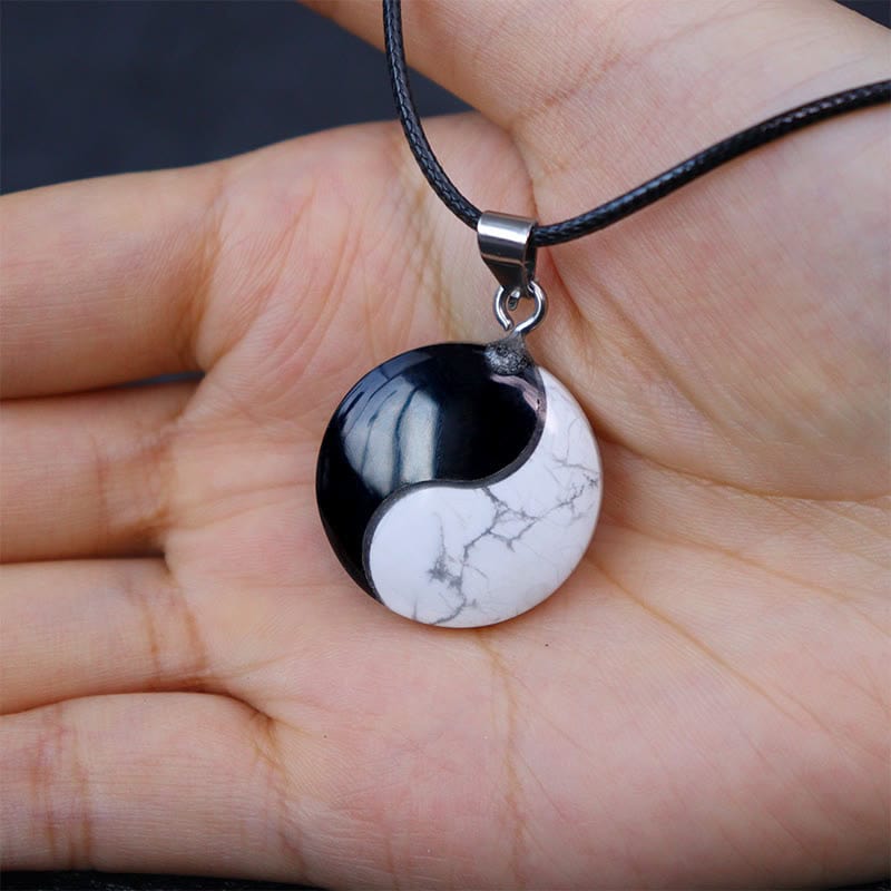 Natural Obsidian & White Turquoise Yin Yang Pendant Necklace: Harmony & Peace