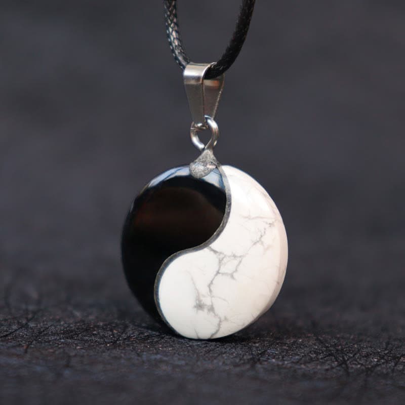 Natural Obsidian & White Turquoise Yin Yang Pendant Necklace: Harmony & Peace