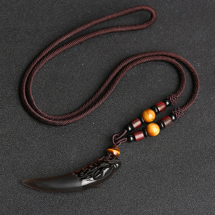 Natural Ice Obsidian Wolf Tooth Necklace: Courage & Protection Amulet