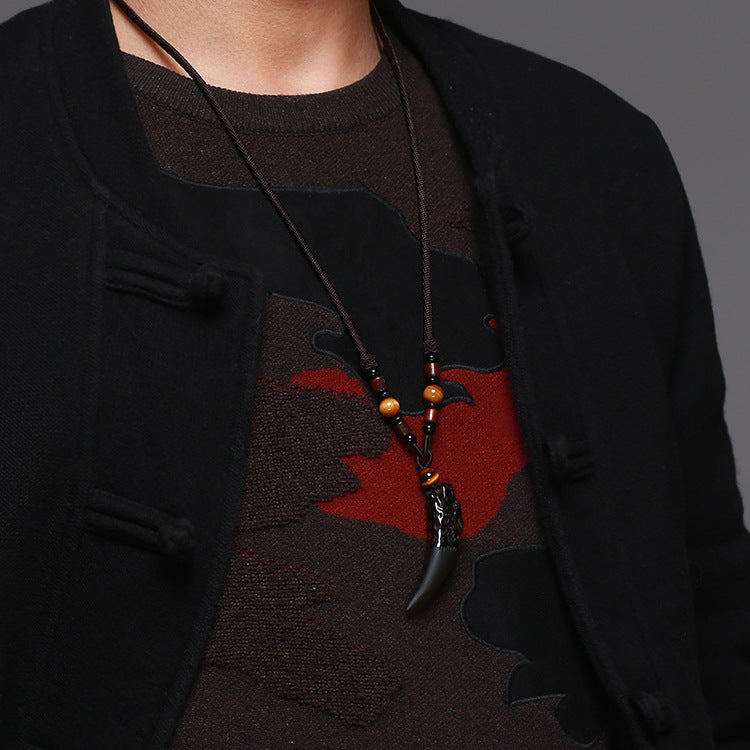 Natural Ice Obsidian Wolf Tooth Necklace: Courage & Protection Amulet