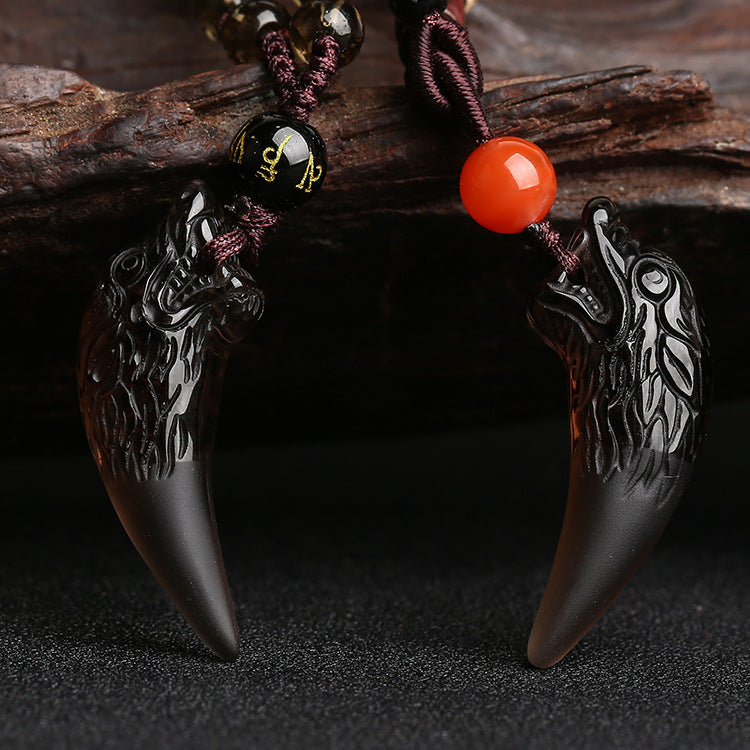 Natural Ice Obsidian Wolf Tooth Necklace: Courage & Protection Amulet