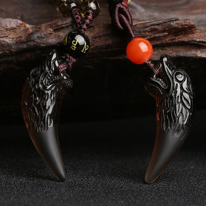 Natural Ice Obsidian Wolf Tooth Necklace: Courage & Protection Amulet