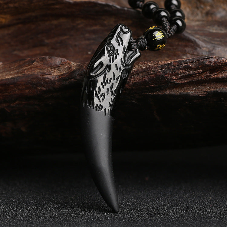 Natural Ice Obsidian Wolf Tooth Necklace: Courage & Protection Amulet
