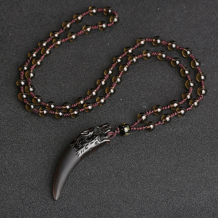 Natural Ice Obsidian Wolf Tooth Necklace: Courage & Protection Amulet