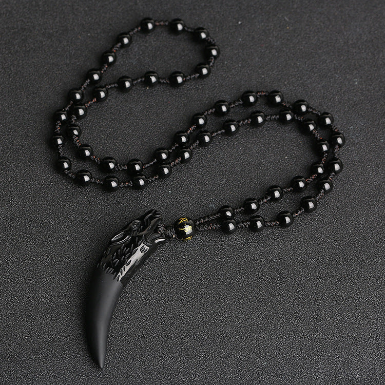 Natural Ice Obsidian Wolf Tooth Necklace: Courage & Protection Amulet
