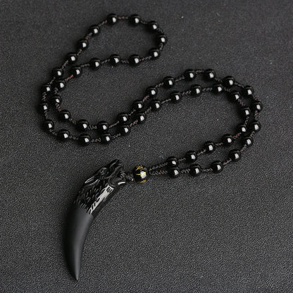 Natural Ice Obsidian Wolf Tooth Necklace: Courage & Protection Amulet