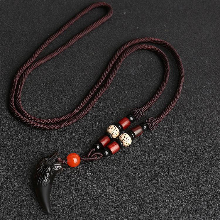Natural Ice Obsidian Wolf Tooth Necklace: Courage & Protection Amulet