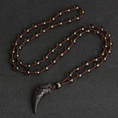 Natural Ice Obsidian Wolf Tooth Necklace: Courage & Protection Amulet