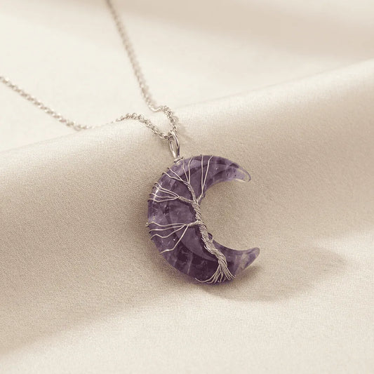 Amethyst Crescent Moon Necklace: Tree of Life Wire Wrapped Pendant