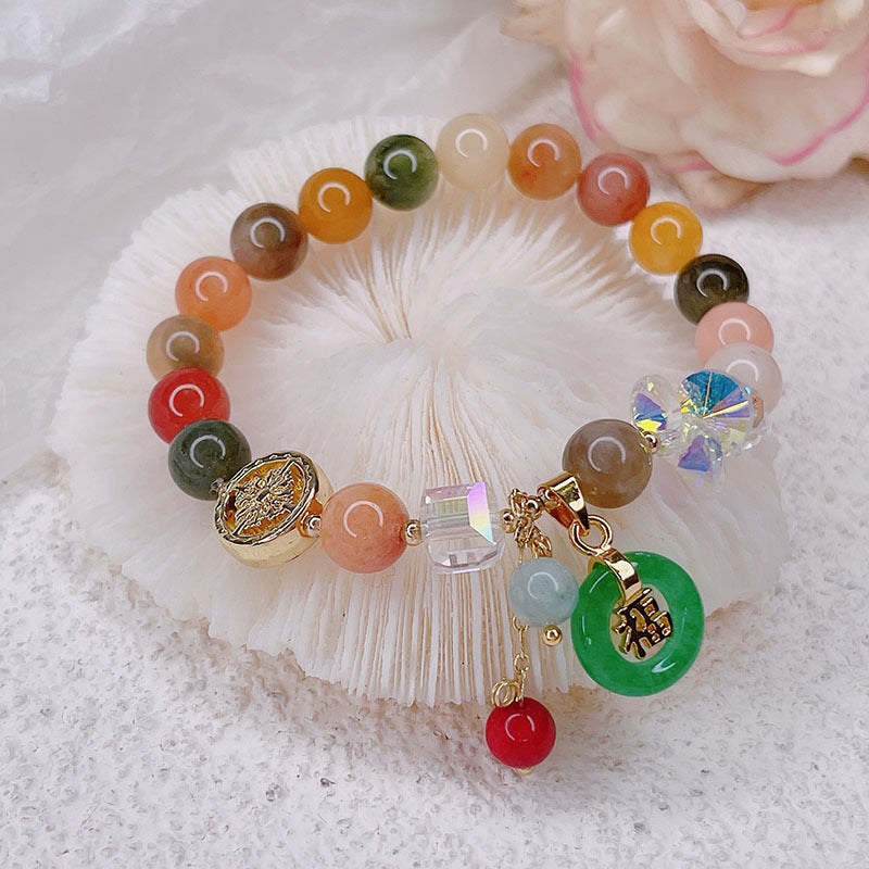 Strawberry Quartz & Jade "Fu" Charm Bracelet: Luck & Blessings
