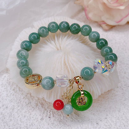 Strawberry Quartz & Jade "Fu" Charm Bracelet: Luck & Blessings