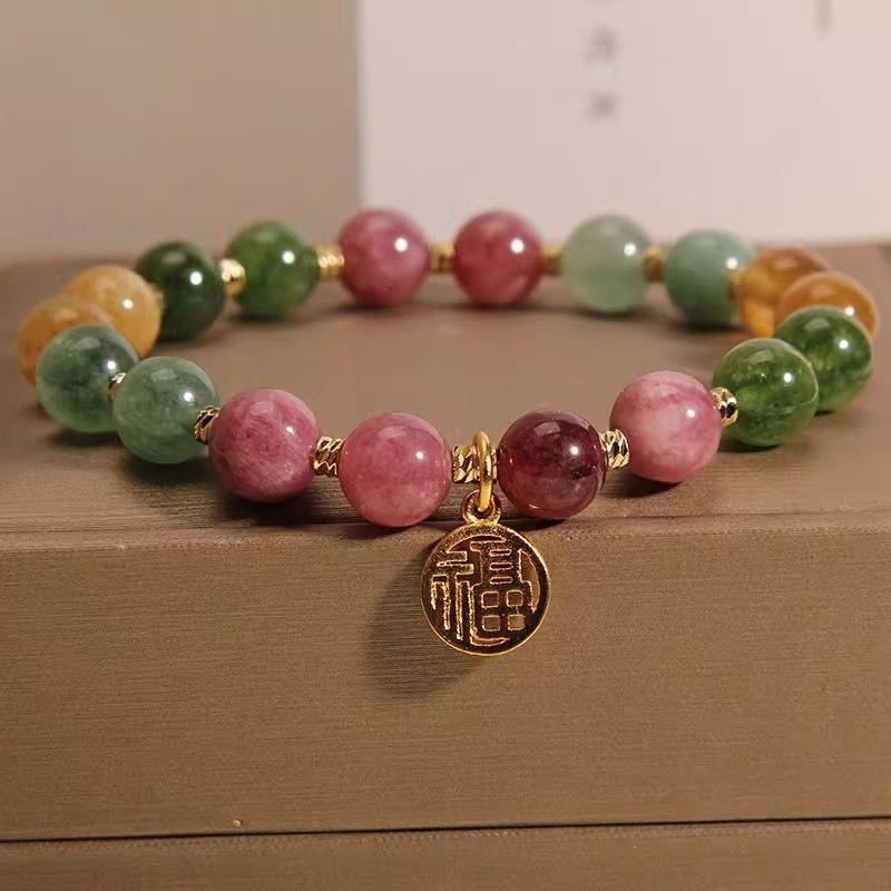 Natural Colorful Tourmaline & Jade Flower Bracelet: Full Spectrum Healing