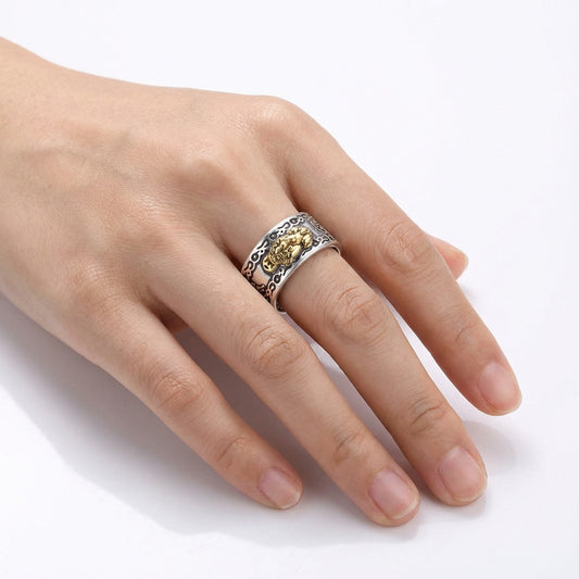 Vintage Marcasite Silver Pixiu Mantra Ring: Wealth & Wisdom